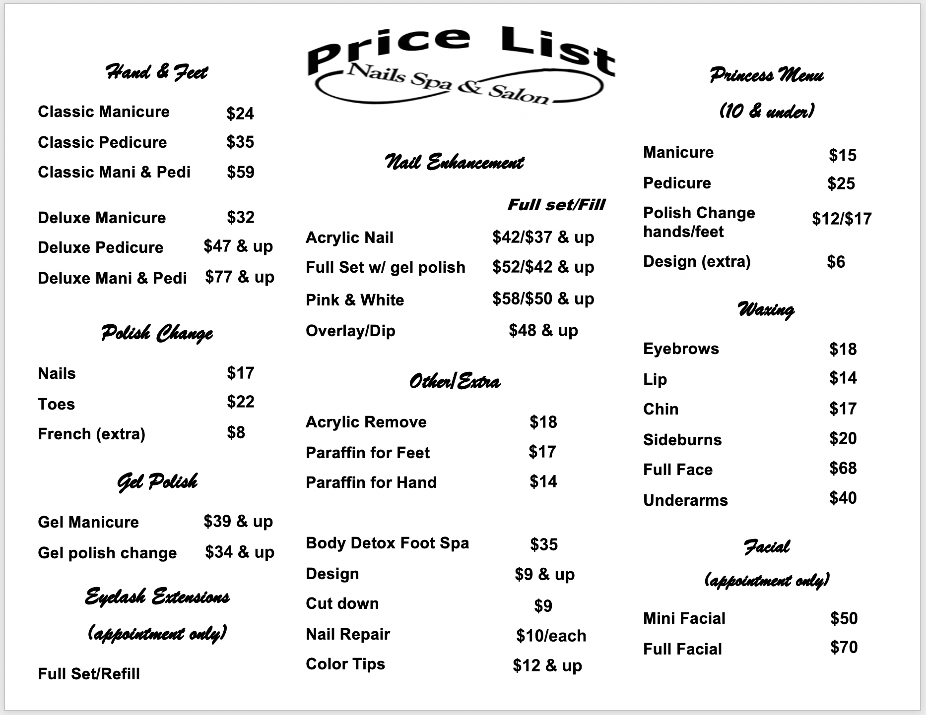 Infinity Nails Spa & Salon - Price List